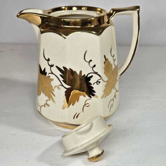 Vtg Price Bros Teapot Gold on  Cream Golden Grape Leaves Autumn Ceramic Lidded - Picture 4 of 13